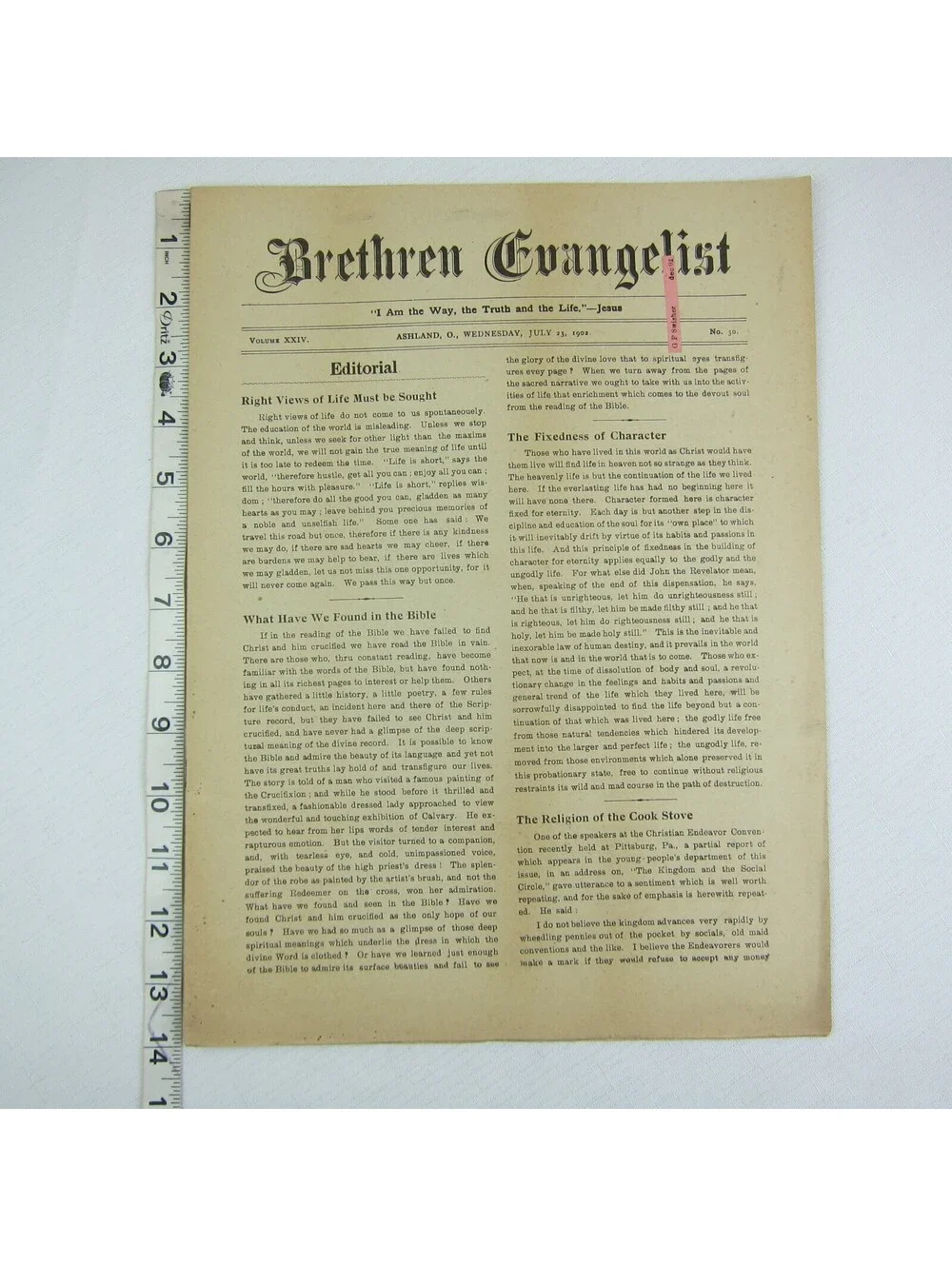 Brethren Evangelist Christian Newspaper Ashland Ohio Antique July 23rd 1902 RARE